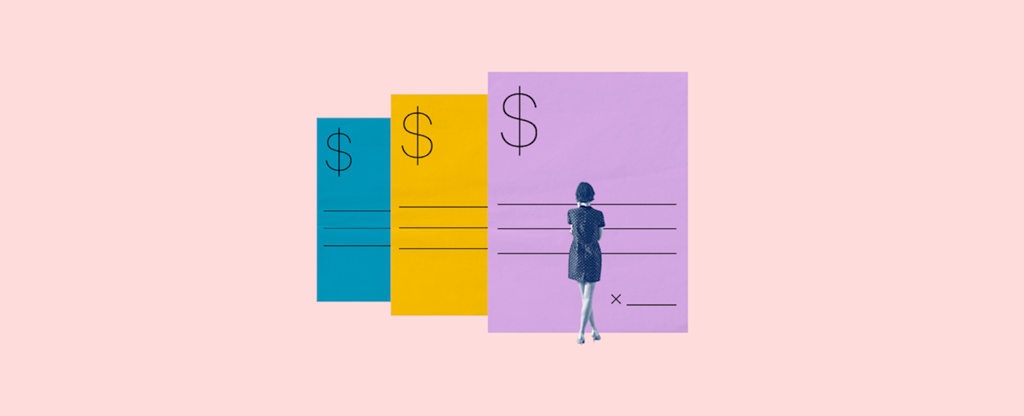Stylized woman considers the state of her credit and debt