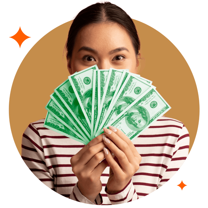 Choose the personal loan perfect for your needs Woman in Circle holding a fan of dollar bills